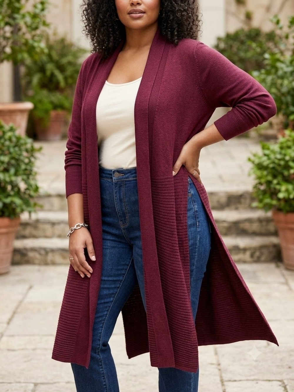 89th + Madison Burgundy Open Front Duster Cardigan Ribbed Hem High Slit XL